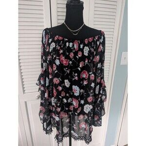 Love & Legend Top Women's 16 Black Red Sheer Off Shoulder Crochet Boho Blouse